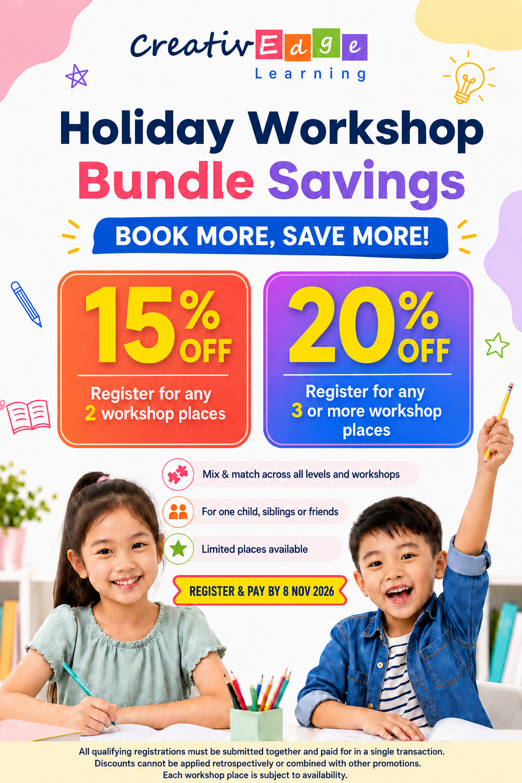 Holiday Workshop Bundle Savings: 15% off two places and 20% off three or more places by 8 November 2026
