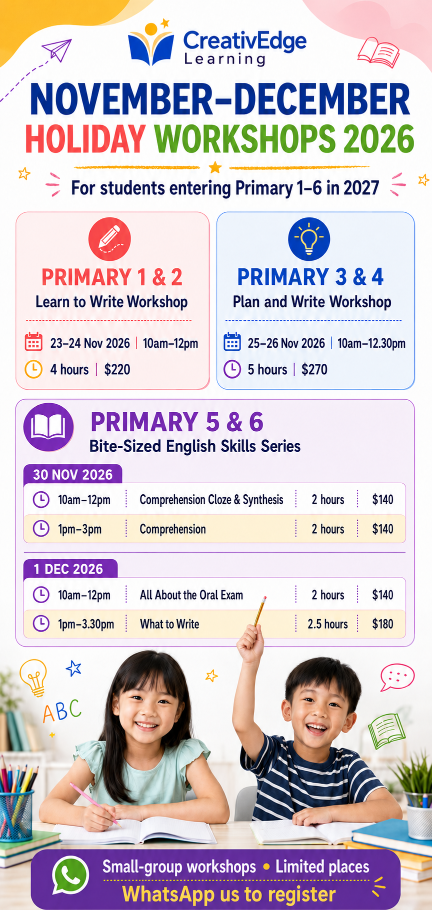 November–December 2026 Primary English holiday workshop schedule