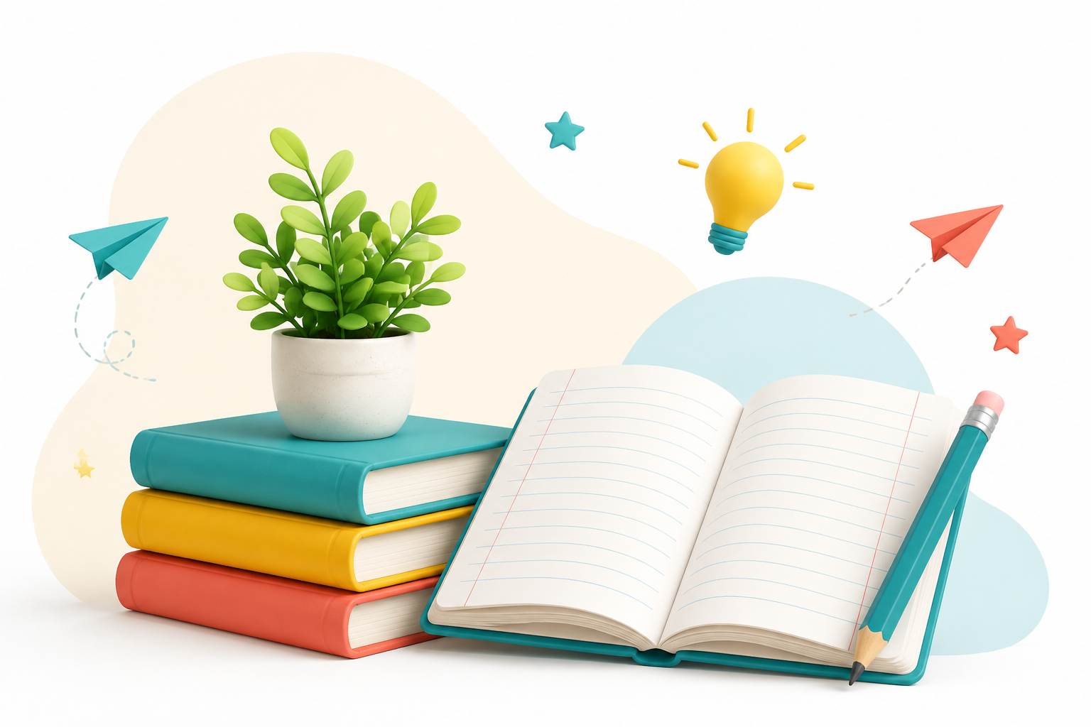 Stacked books, open composition notebook and learning icons