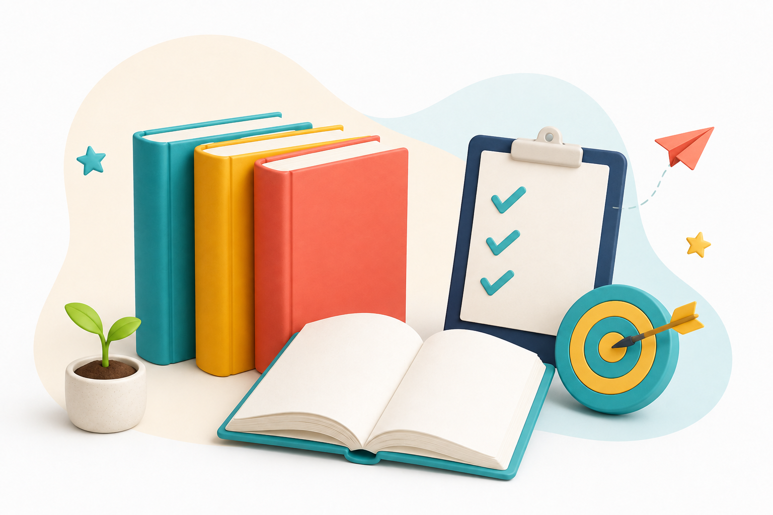 Books, checklist and target representing structured English learning
