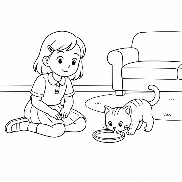 The girl watching the cat drink milk at home