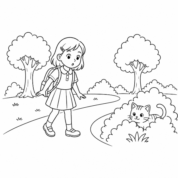 The girl finding a cat in the bushes