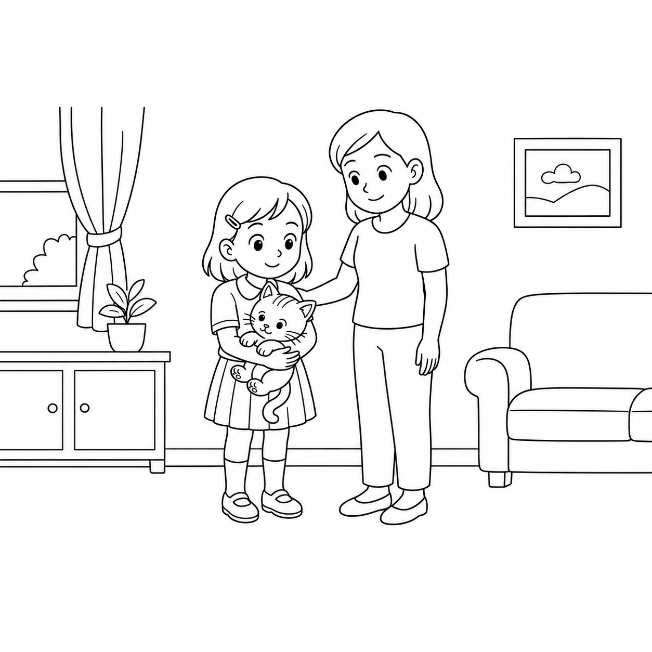 The girl holding the cat beside her mother